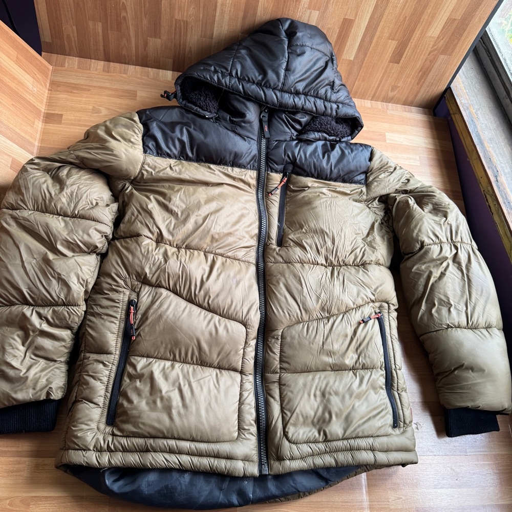 Hawk & co puffer coat size large tan removable hood